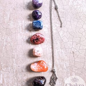 Chakra's trommelstenen set 1 & edelsteenhouder ketting zilverkleurig (45 cm - 50 cm)
