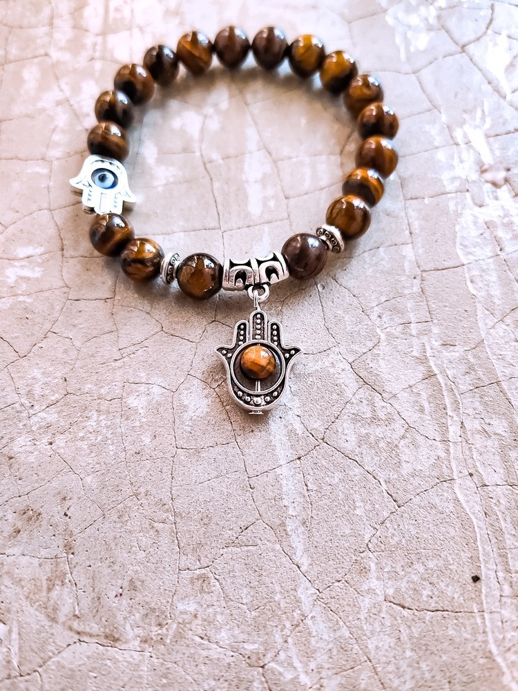 Gouden Tijgeroog kralenarmband 8 mm met Fatima hand 2 Gouden Tijgeroog kralenarmband 8 mm met Fatima hand