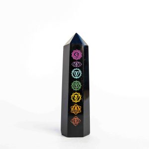Zwarte Obsidiaan met chakra symbolen punt - 72gr