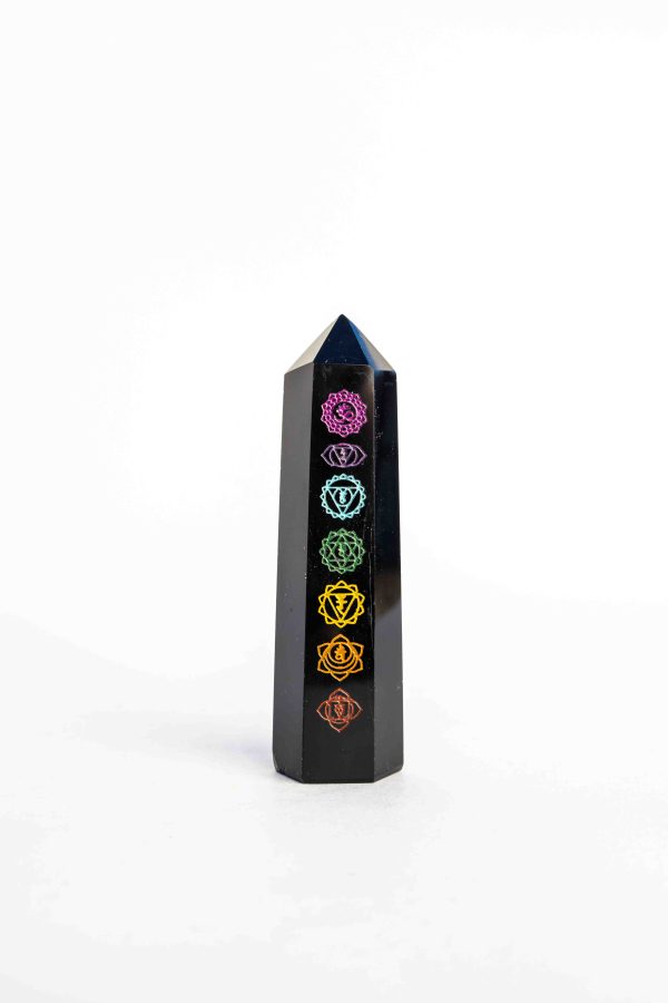 Zwarte Obsidiaan met chakra symbolen punt - 72gr