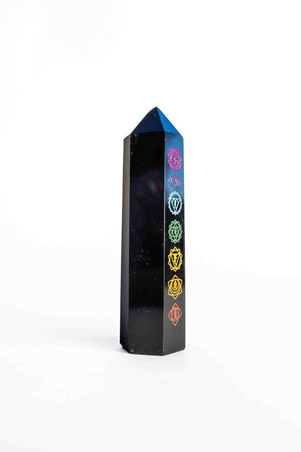Zwarte Obsidiaan met chakra symbolen punt - 72gr