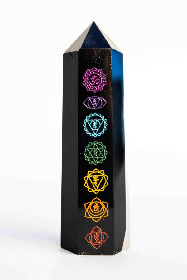 Zwarte Obsidiaan met chakra symbolen punt - 72gr